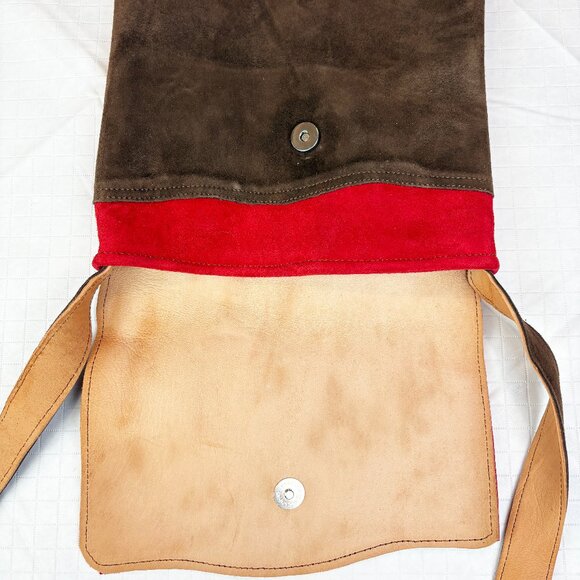 Puro Cuero brown and red suede messenger / crossbody bag with floral appliques - Picture 11 of 16